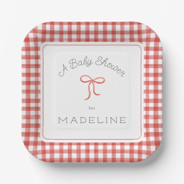 Watercolor Gingham Red Baby Shower Paper Plates (Front)