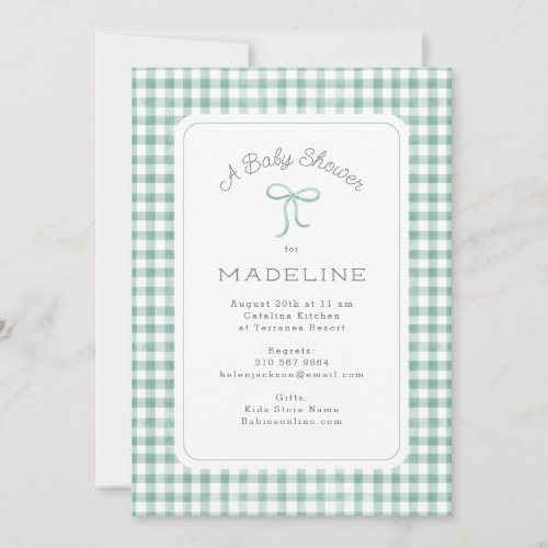 Watercolor Gingham Sage Green Baby Shower Invitation