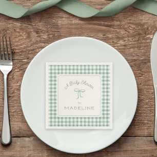 Watercolor Gingham Sage Green Baby Shower Napkins