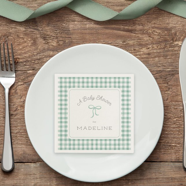 Watercolor Gingham Sage Green Baby Shower Napkins (Creator Uploaded)