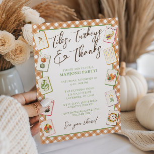Watercolor Gingham Thanksgiving Mahjong Party Invitation
