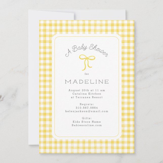 Watercolor Gingham Yellow Baby Shower Invitation (Front)