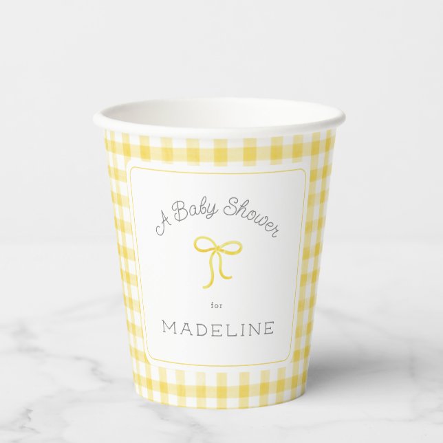 Watercolor Gingham Yellow Baby Shower Paper Cups (Front)