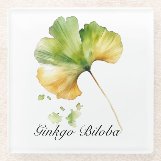 Watercolor Ginkgo Biloba Leaf Botanical Wellness  Glass Coaster (Front)