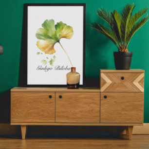 Watercolor Ginkgo Biloba Leaf Botanical Wellness Poster