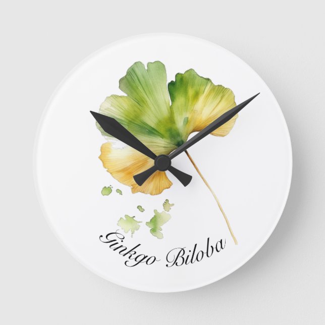 Watercolor Ginkgo Biloba Leaf Botanical Wellness Round Clock (Front)
