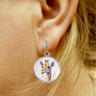 Watercolor Giraffe and Pretty Flowers Silver Round Earrings