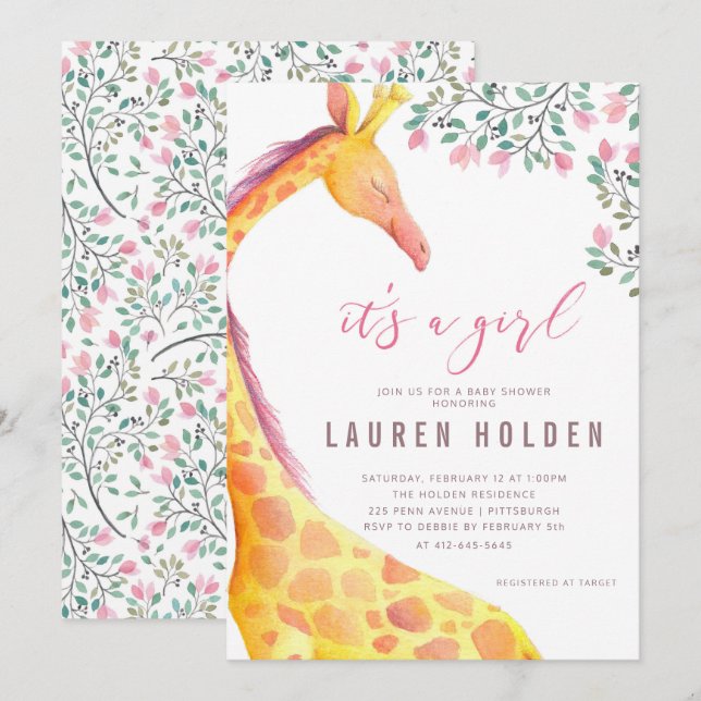 Watercolor Giraffe Baby Shower Invitation (Front/Back)