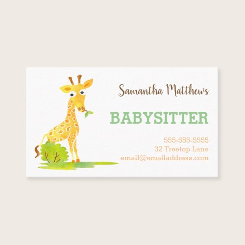 Watercolor Giraffe Babysitter Childcare Provider Business Card