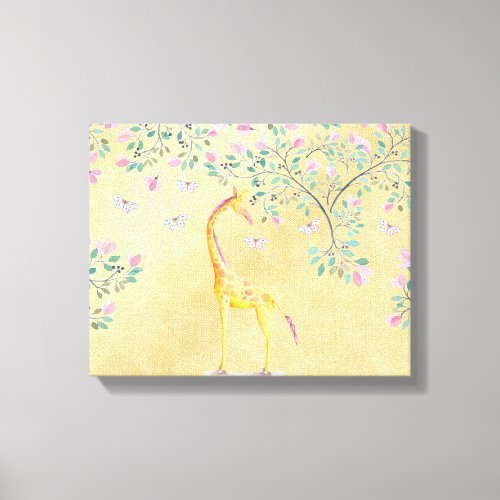 Watercolor Giraffe Butterflies and Blossom Canvas Print