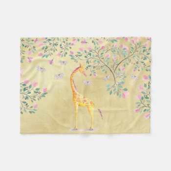 Watercolor Giraffe Butterflies And Blossom Fleece Blanket by GiftsGaloreStore at Zazzle