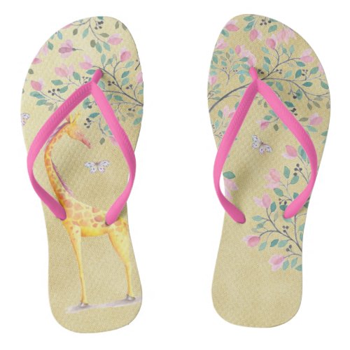 Watercolor Giraffe Butterflies and Blossom Flip Flops