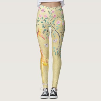 Watercolor Giraffe Butterflies And Blossom Leggings by GiftsGaloreStore at Zazzle