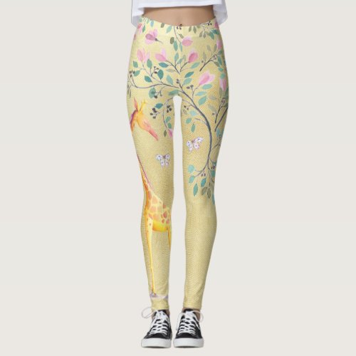 Watercolor Giraffe Butterflies and Blossom Leggings