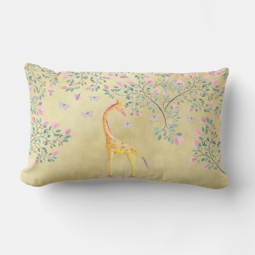 Watercolor Giraffe Butterflies and Blossom Lumbar Pillow