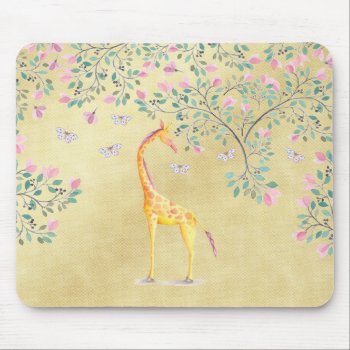 Watercolor Giraffe Butterflies And Blossom Mouse Pad by GiftsGaloreStore at Zazzle