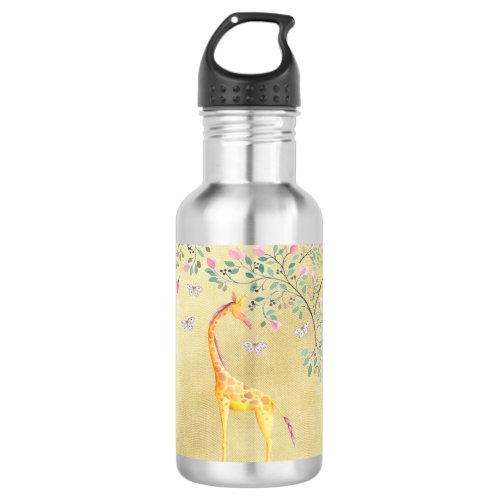 Watercolor Giraffe Butterflies and Blossom Water Bottle