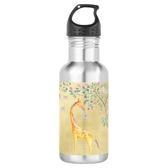 Watercolor Giraffe Butterflies and Blossom Water Bottle (Front)