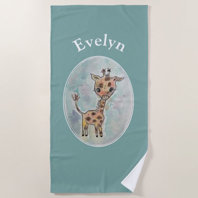 Watercolor Giraffe Customized Boho Beach Towel (Front)