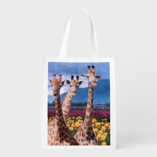 Watercolor Giraffe Days Out _ Wildlife and Scene  Grocery Bag