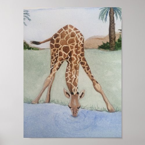 Watercolor Giraffe Drinking Water Art Poster