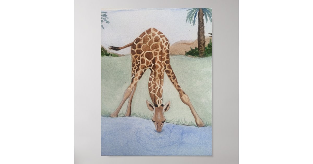 Watercolor Giraffe Drinking Water Art Poster Zazzle Com
