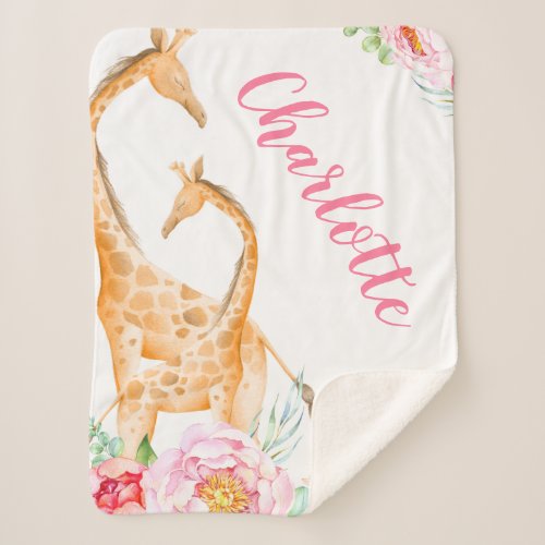 Watercolor Giraffe Floral Girl Personalized Sherpa Blanket