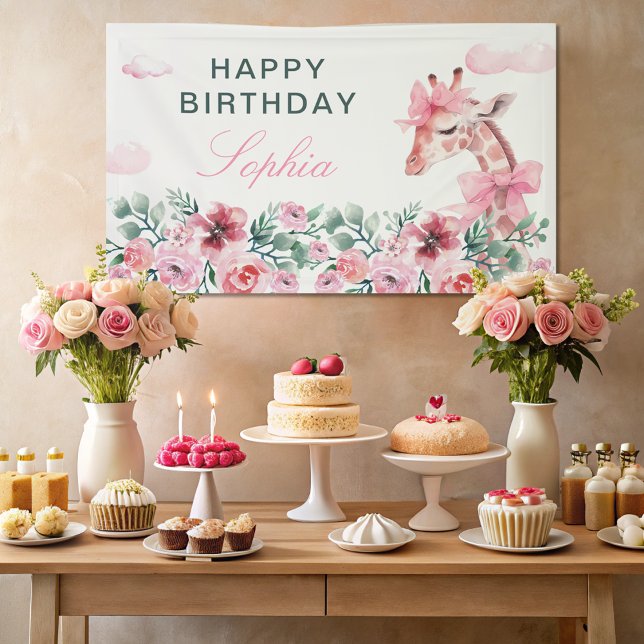 Watercolor Giraffe Garden Girl Birthday Banner (Creator Uploaded)