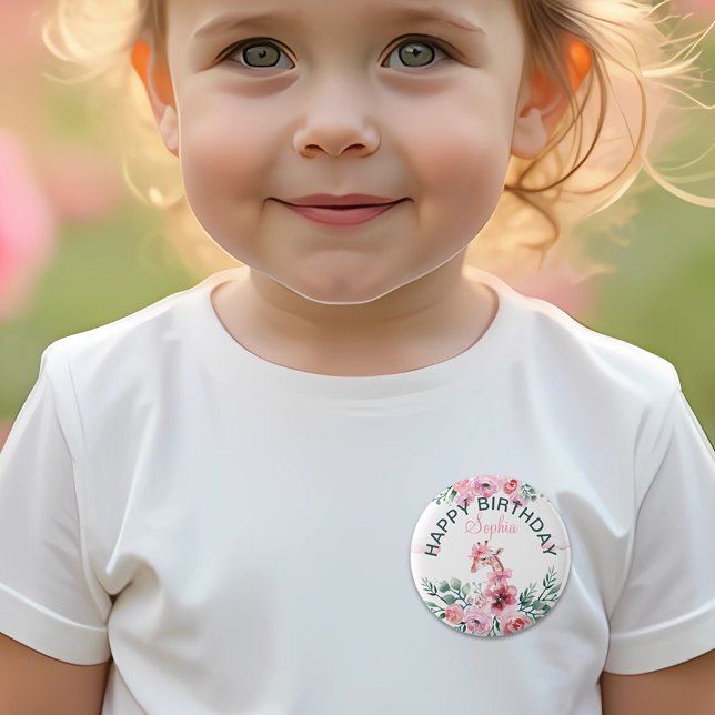 Watercolor Giraffe Garden Girl Birthday Button (Creator Uploaded)