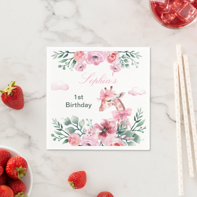 Watercolor Giraffe Garden Girl Birthday Napkins (Insitu)