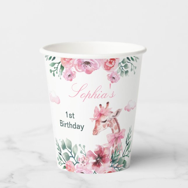 Watercolor Giraffe Garden Girl Birthday Paper Cups (Front)