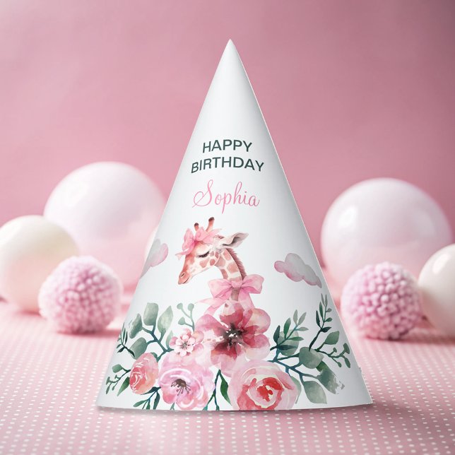 Watercolor Giraffe Garden Girl Birthday Party Hat (Creator Uploaded)