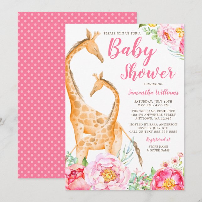 Watercolor Giraffe Girl Baby Shower Invitations (Front/Back)
