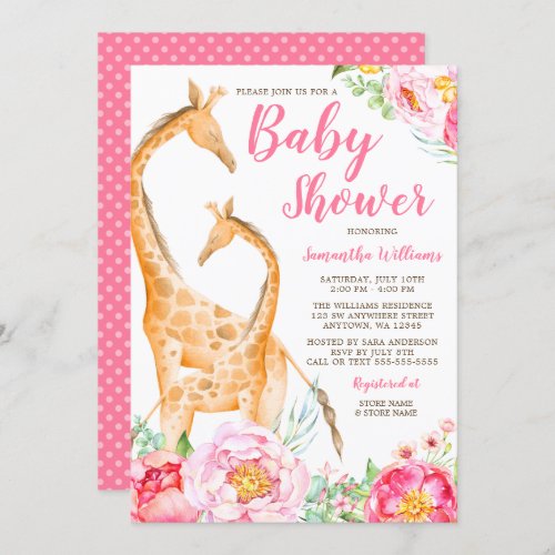 Watercolor Giraffe Girl Baby Shower Invitations