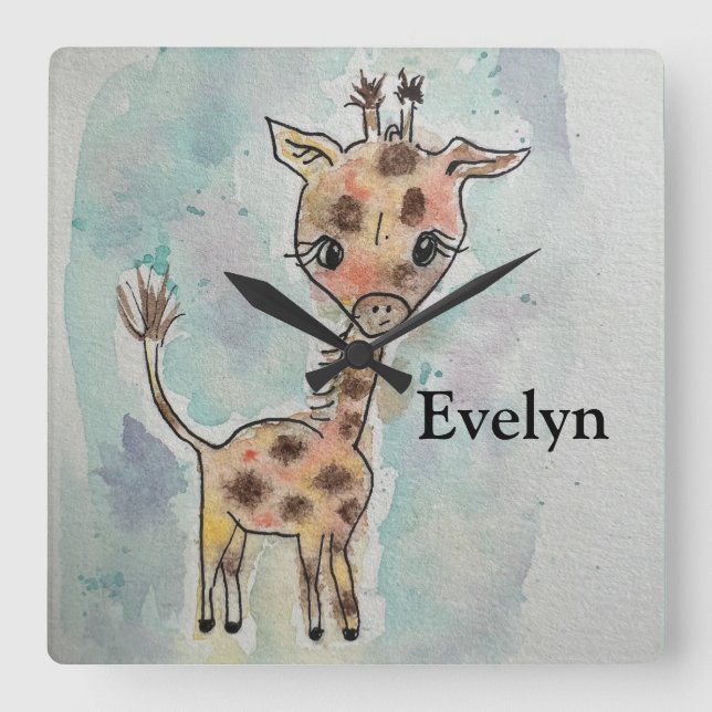 Watercolor Giraffe Hand Drawn Name Square Wall Clock (Front)