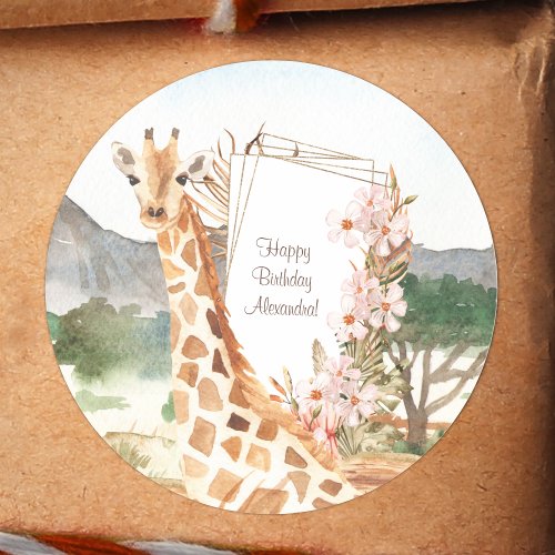 Watercolor Giraffe in African Savannah Birthday Classic Round Sticker
