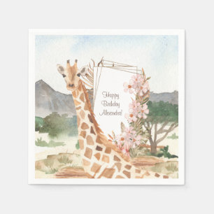 Watercolor Giraffe in African Savannah Birthday Napkins