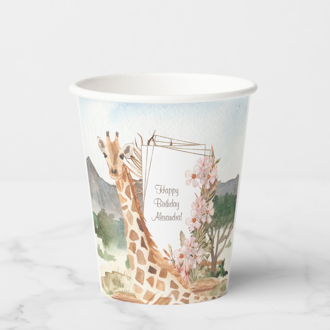 Watercolor Giraffe in African Savannah Birthday Paper Cups | Zazzle