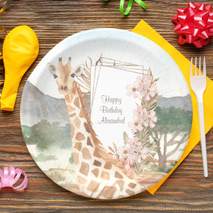 Watercolor Giraffe in African Savannah Birthday Paper Plates