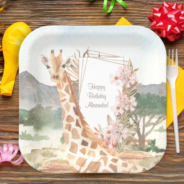 Watercolor Giraffe in African Savannah Birthday Paper Plates (Creator Uploaded)