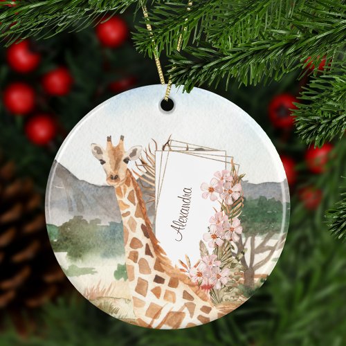 Watercolor Giraffe in African Savannah Christmas Ceramic Ornament