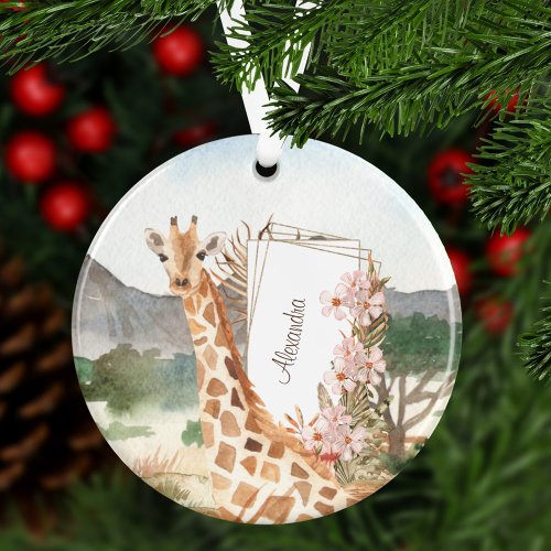 Watercolor Giraffe in African Savannah Christmas Ornament