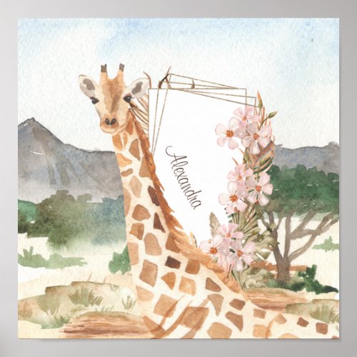 Watercolor Giraffe in African Savannah Kids Poster