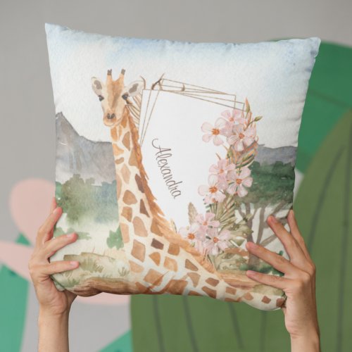 Watercolor Giraffe in African Savannah Kids Throw Pillow