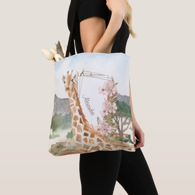 Watercolor Giraffe in African Savannah Tote Bag (Close Up)