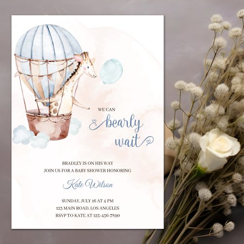 Watercolor Giraffe in an Air Balloon Baby Shower Invitation