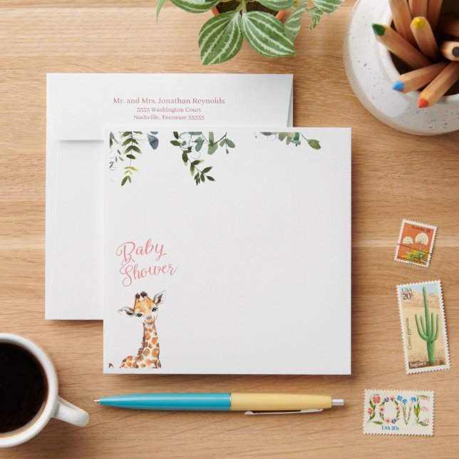 Watercolor Giraffe Jungle Baby Shower Envelope (Desk)