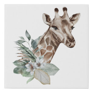 Watercolor Giraffe Jungle Safari Animal Botanical  Faux Canvas Print