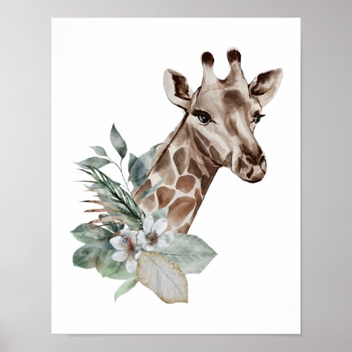 Watercolor Giraffe Jungle Safari Animal Botanical Poster