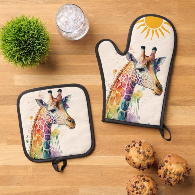 Watercolor Giraffe Oven Mitt & Pot Holder Set (Top Down)
